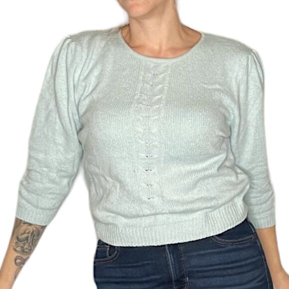 Vintage Blue Angora & Silk Sweater size Large Puff Sleeves - Picture 1 of 5